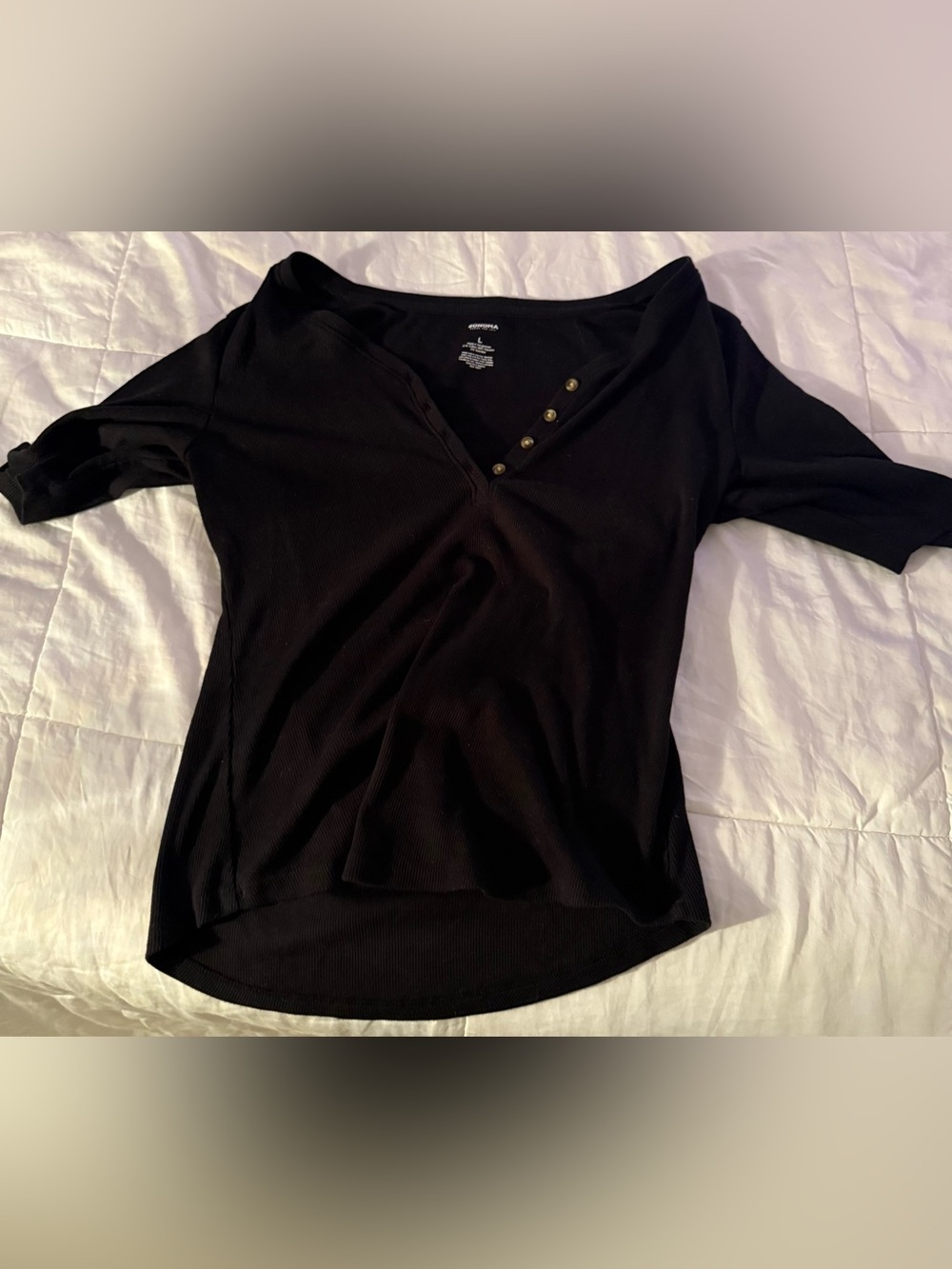 croft & barrow Black mid-Sleeve V-Neck Henley Top with Button Placket